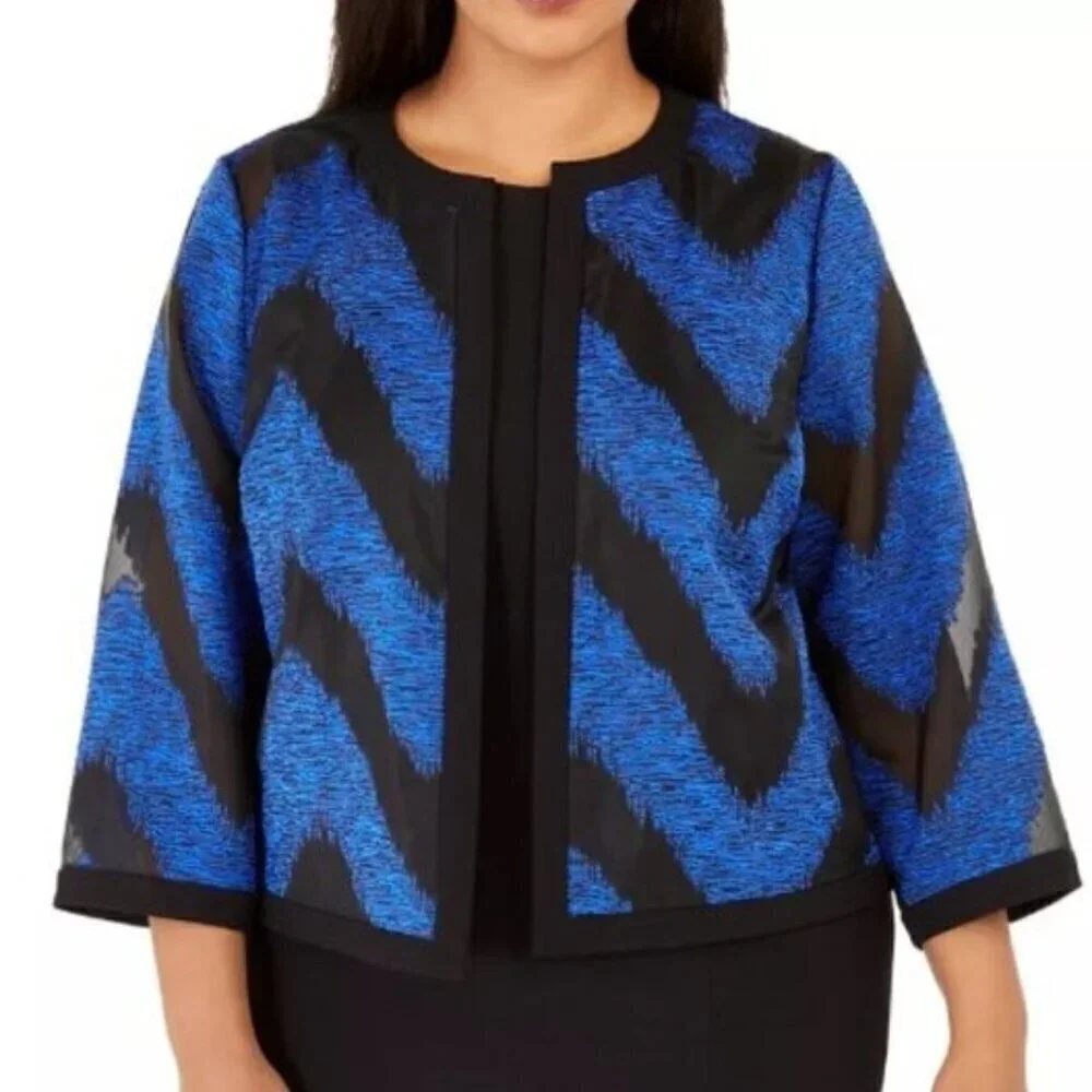 Kasper Womens Blue & Black Lightweight Organza Mixed Texture Jacket w/Skirt. 14W - Picture 2 of 16